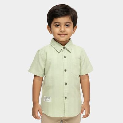 Boys Light Sage Green Cotton Half Sleeve Classic Collar Casual Shirt