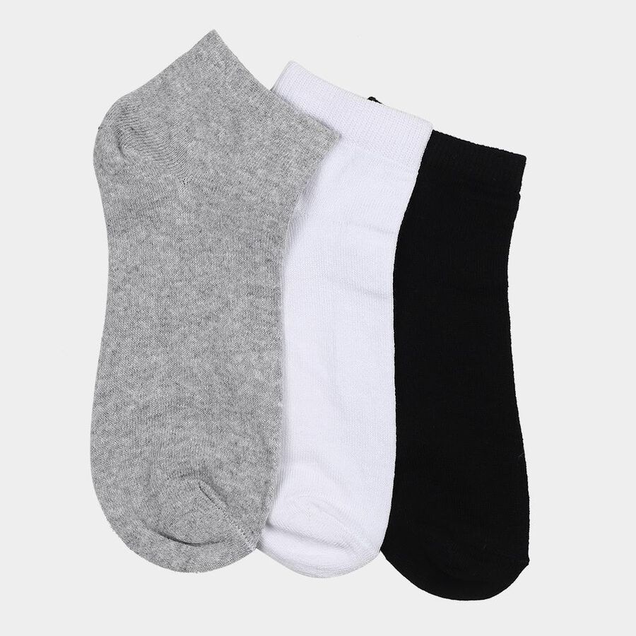 Men's Ankle Length Socks Pack of 3 ( Grey Melange, White, Black ), Black, large