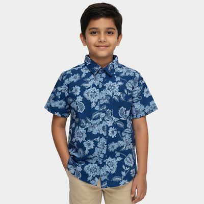 Boys' Navy Blue Cotton Button Down Collar Casual Shirt