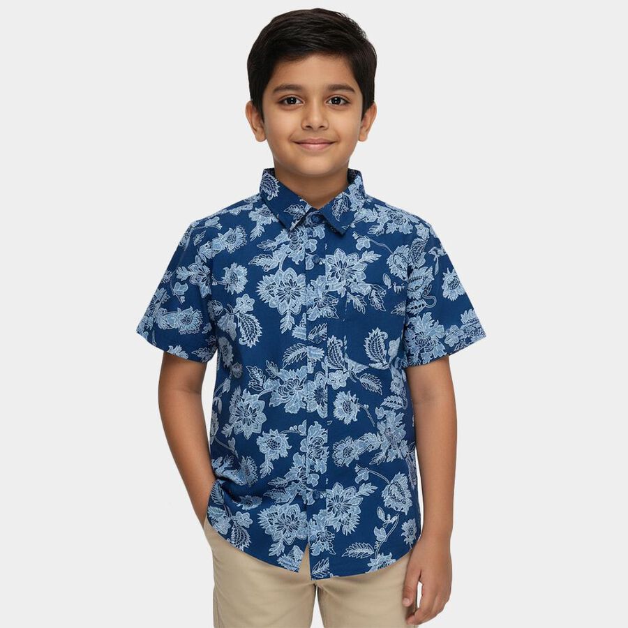 Boys' Navy Blue Cotton Button Down Collar Casual Shirt, Mid Blue, large