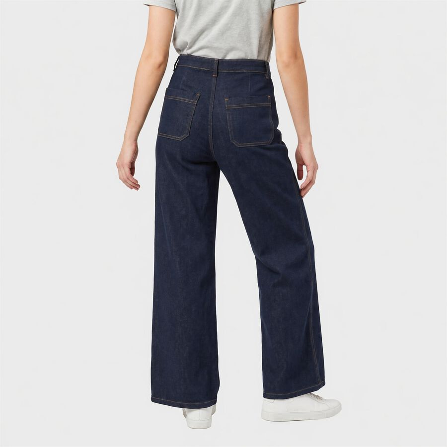 Women's Navy Blue Wide Leg High-Rise Patch Pocket Jeans, Dark Blue, large