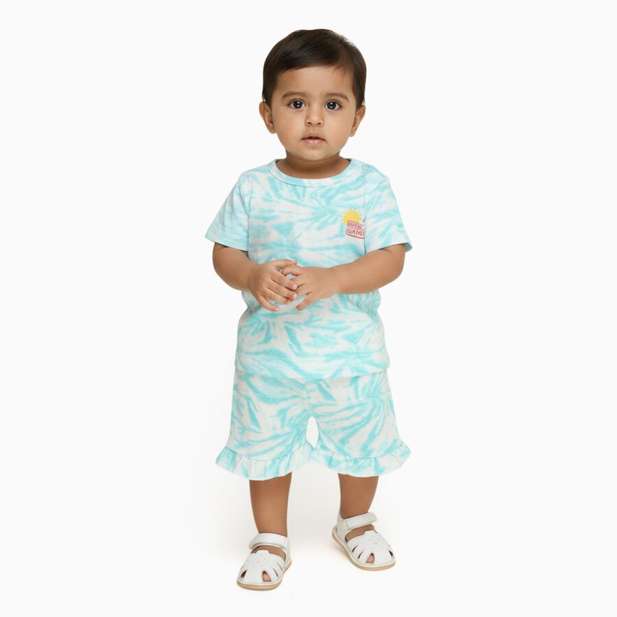 Infants' Light Aqua Cotton Round Neck Casual Shorts Set, Aqua, large