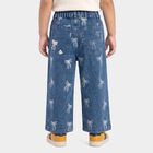 Girls' Mid Blue Straight Fit Bow Printed Jeans, मध्यम नीला, small