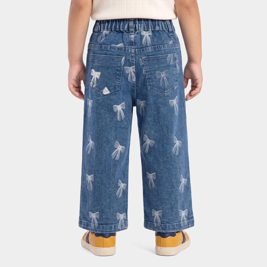 Girls' Mid Blue Straight Fit Bow Printed Jeans, मध्यम नीला, large