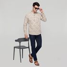 Men's Beige Cotton Mandarin Collar Printed Kurta, गहरा पीला, small