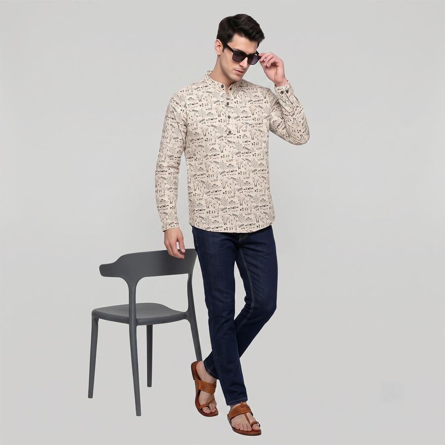 Men's Beige Cotton Mandarin Collar Printed Kurta, गहरा पीला, large