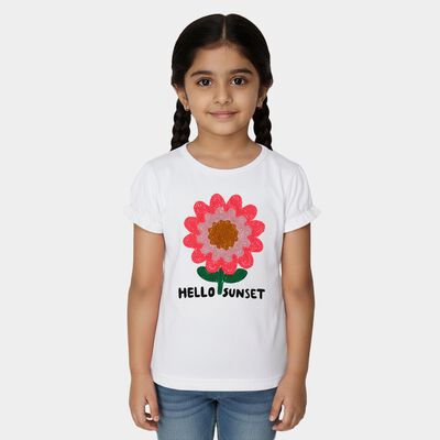 Girls' White Cotton Round Neck Casual T-Shirt