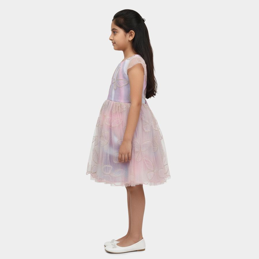 Girls' Lilac Regular Fit Lace Overlay Ruffled Frock, लाइलेक, large