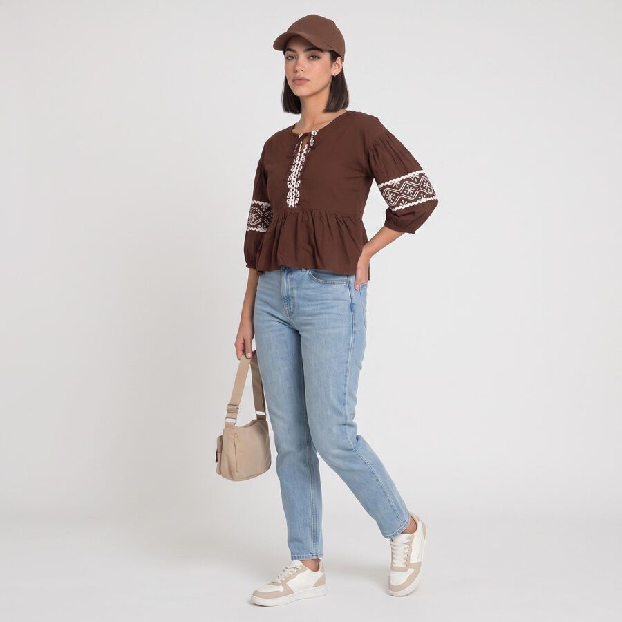 Women's Brown Round Neck Shirt, भूरा, large