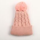 Women's Pink Cable Knit Pom-Pom Beanie Cap, हल्का गुलाबी, small
