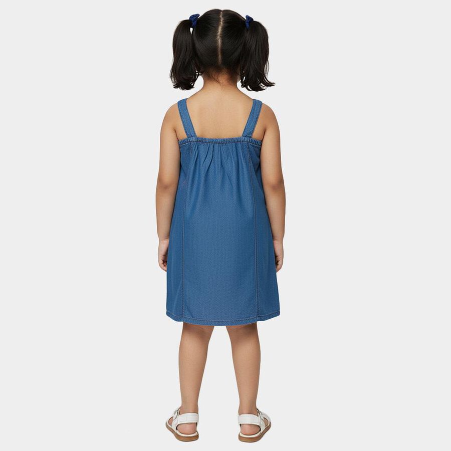 Girls' Blue Floral Embroidered Sleeveless Denim Frock, Mid Blue, large