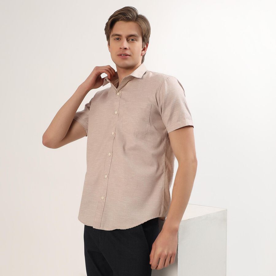 Men's Light Beige Half Sleeve Spread Collar Casual Shirt, Brown, large image number null