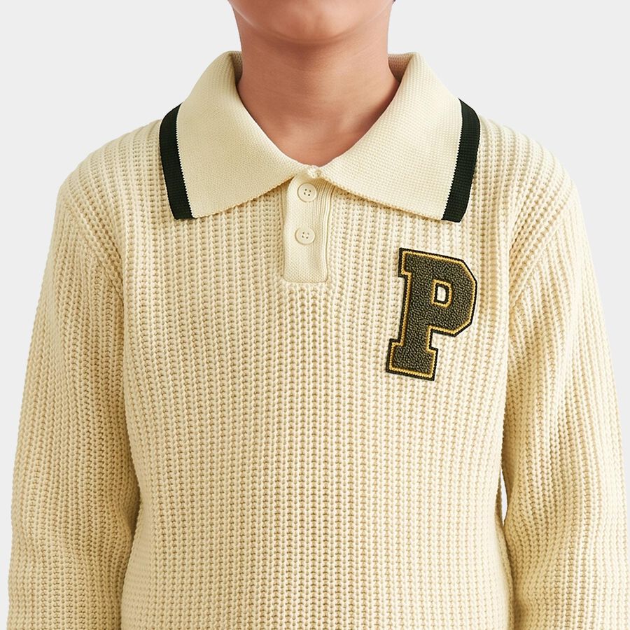 Boys Cream Polo Neck Knitted Pullover, ऑफ व्हाइट, large