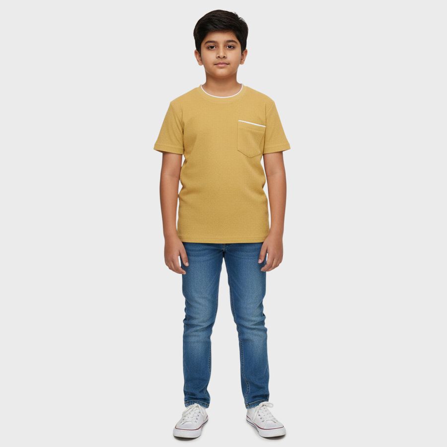 Boys Mustard Yellow Cotton Round Neck Casual T-Shirt, Yellow, large