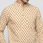 Men's Beige Cotton Mandarin Collar Printed Kurta, गहरा पीला, small