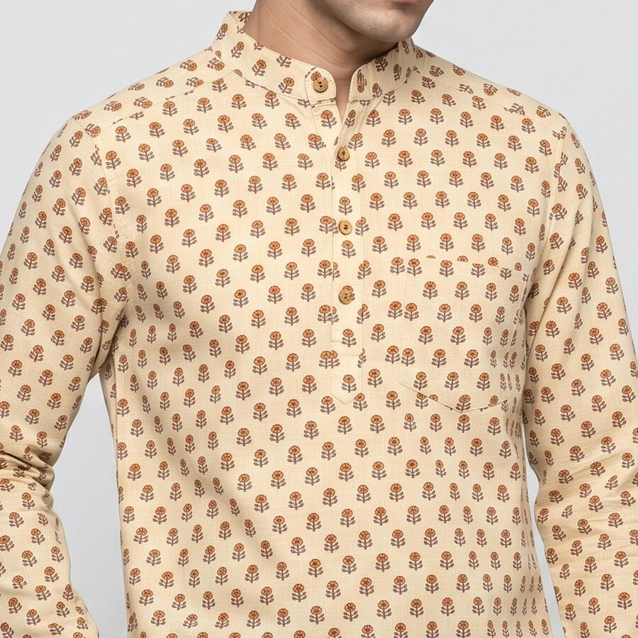 Men's Beige Cotton Mandarin Collar Printed Kurta, गहरा पीला, large