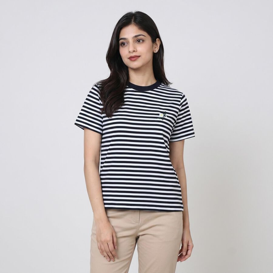 Women's Navy Blue Round Neck Regular T-Shirt, नेवी ब्लू, large