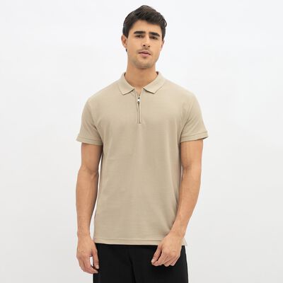 Men's Muted Beige Polo Neck Casual T-Shirt