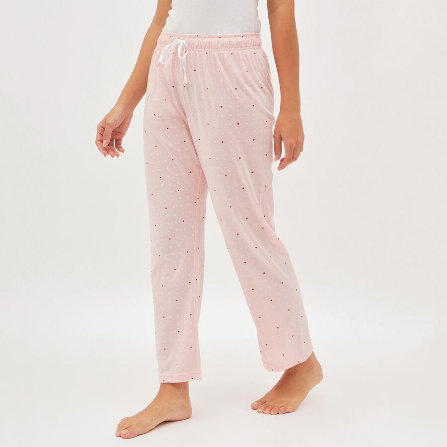 Women's Soft Pink Heart Print Elastic Waist Pyjama, Light Pink, large image number null