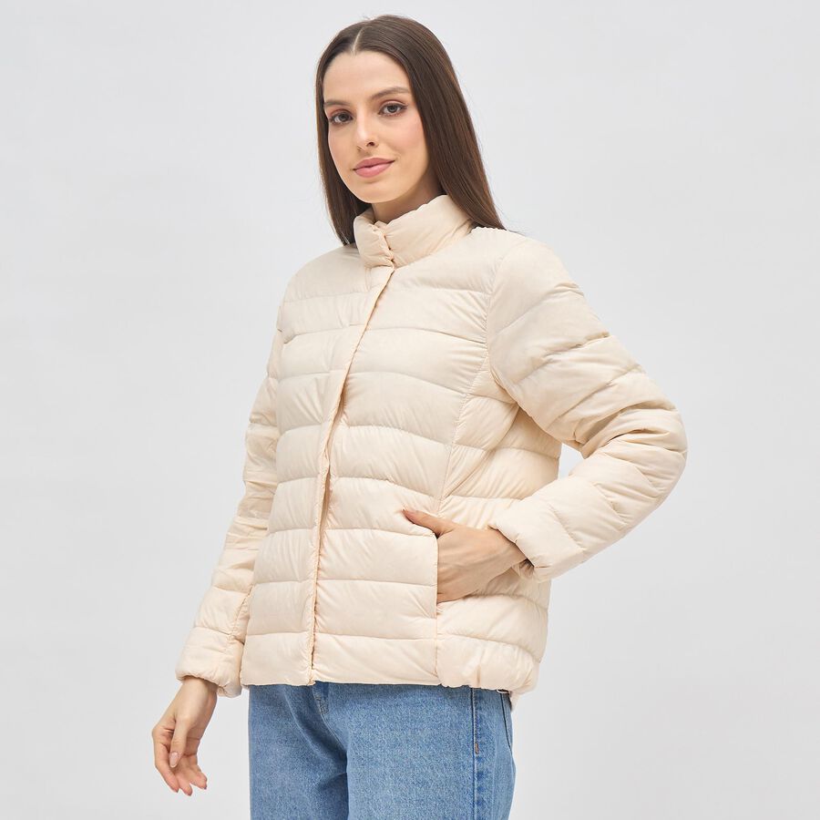 Women's Beige High Neck Casual Puffer Jacket, ऑफ व्हाइट, large image number null