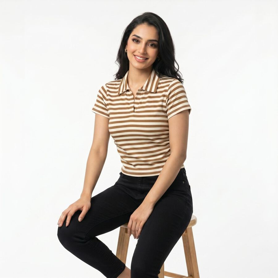 Women's Brown Polo Neck Striped Polo T-Shirt, Brown, large