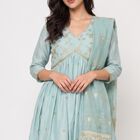 Women's Light Blue V-Neck Embroidered Kurta, हल्का नीला, small