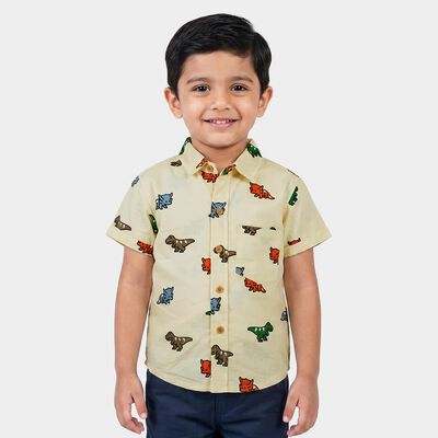 Boys Off White Cotton Short Sleeves Collar Shirt