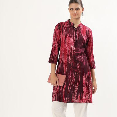 Women's Deep Burgundy Red Mandarin Collar Abstract Printed Kurta