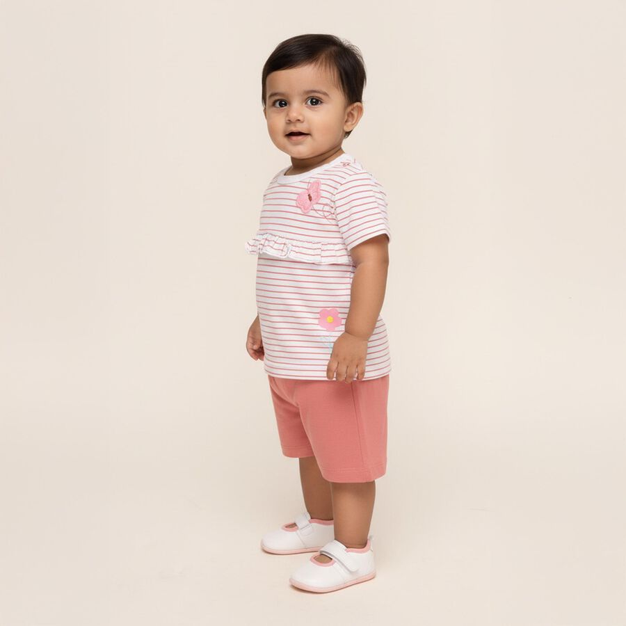 Infant Muted Pink and White Cotton Striped Top Casual Shorts Set, Light Pink, large image number null