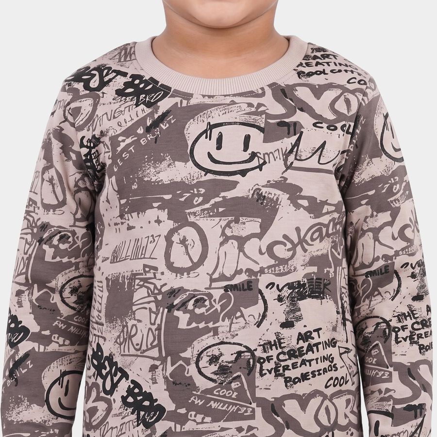 Boys Charcoal Cotton Round Neck Graphic Print Baba Suit, Charcoal, large