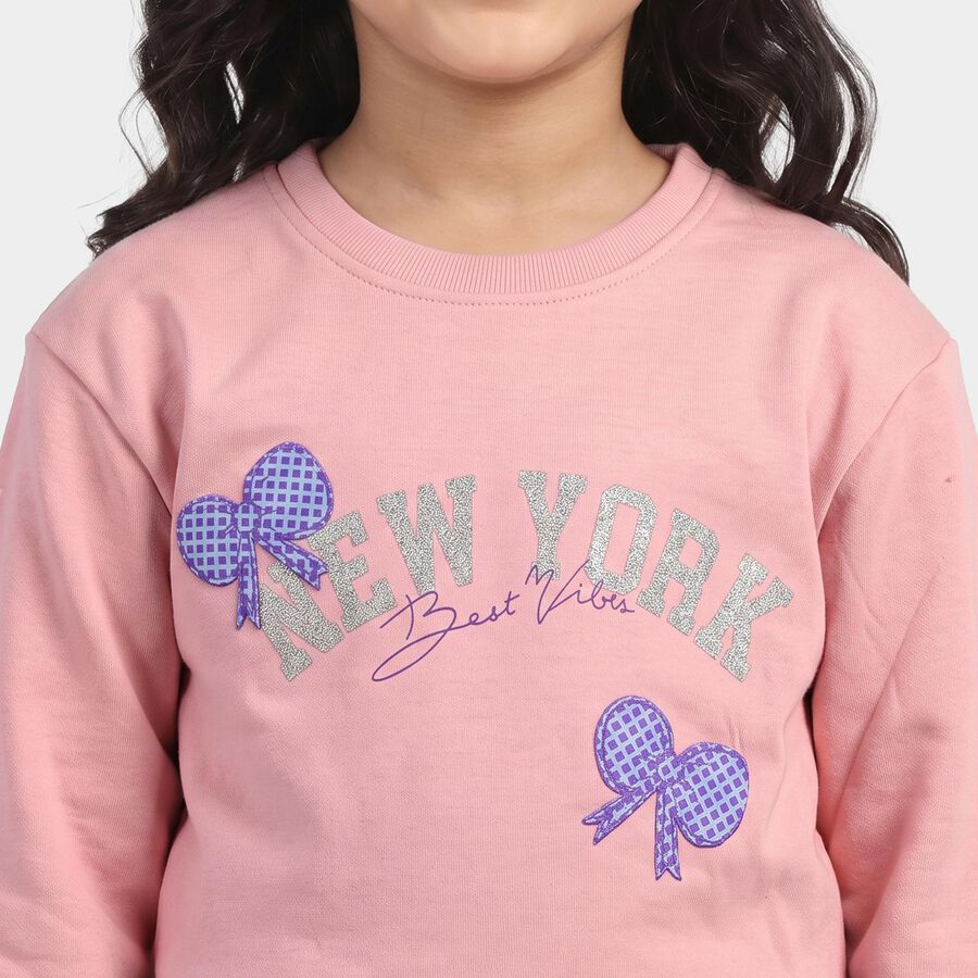 Girls' Pink Round Neck Pullover Sweatshirt, Light Pink, large