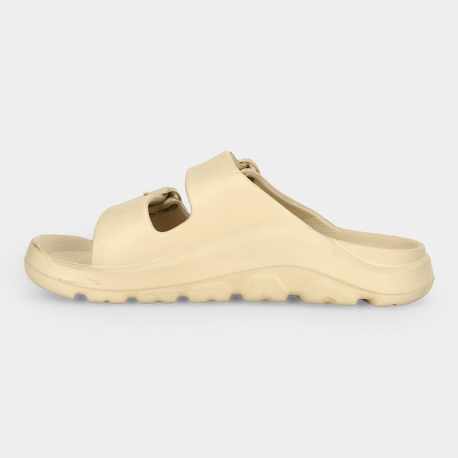 Men's Beige Buckle Strap Slip-On Sliders, गहरा पीला, large