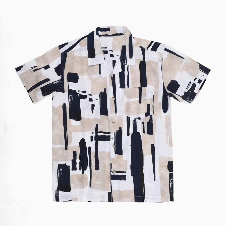 Boys' Rich Eggshell White Cotton Half Sleeve Cuban Collar Casual Shirt, Off White, large image number null