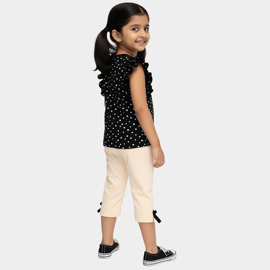 Girls Black Cotton Polka Dot Ruffle Sleeve Top and Beige Capri Set, Black, large image number null