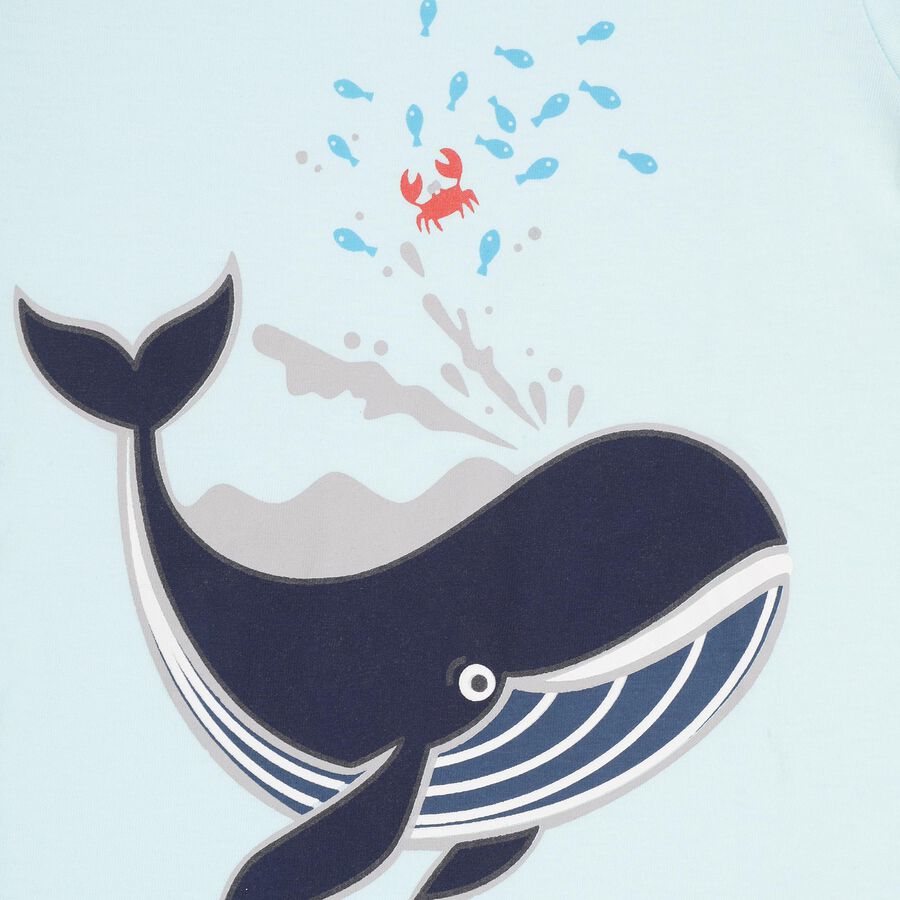 Boys' Aqua Cotton Round Neck Whale Printed Baba Suit, Aqua, large image number null