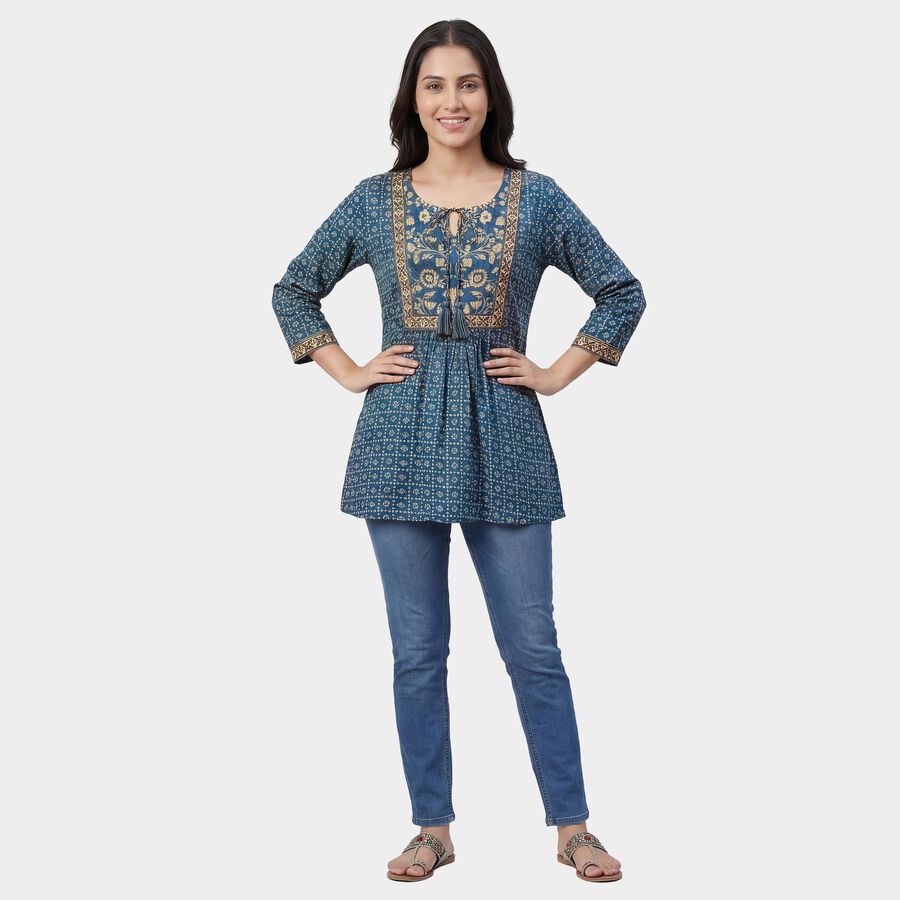 Women's Navy Blue Notch Neck Printed Straight Kurti, गहरा नीला, large