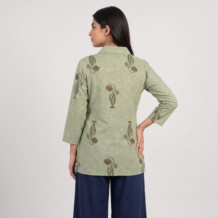 Women's Sage Green Shirt Collar Floral Printed Kurti, हल्का हरा, large