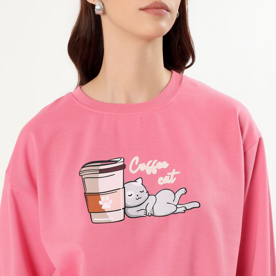 Women's Bright Pink Crew Neck Casual Sweatshirt, Pink, large image number null