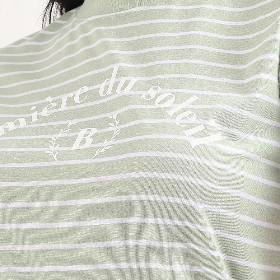 Women's Light Sage Green Round Neck Striped T-Shirt, Light Green, large image number null