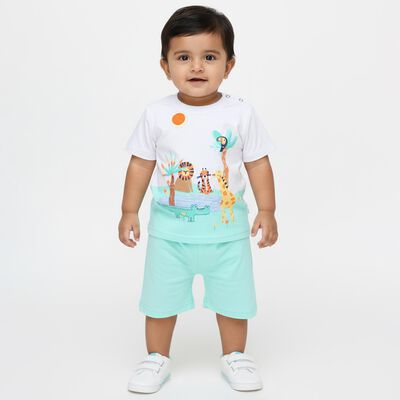 Infants' Light Green Cotton Round Neck Cartoon Printed Baba Suit