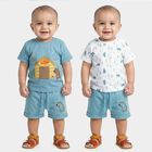 Infants' Blue Cotton Round Neck Cartoon Printed Baba Suit, Teal Blue, small