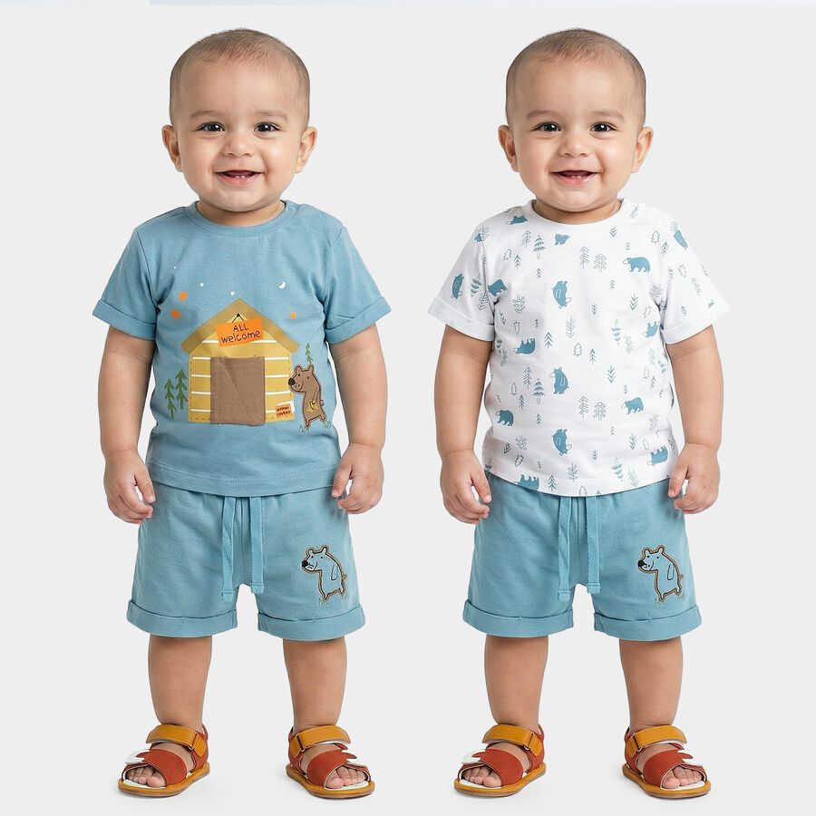 Infants' Blue Cotton Round Neck Cartoon Printed Baba Suit, Teal Blue, large