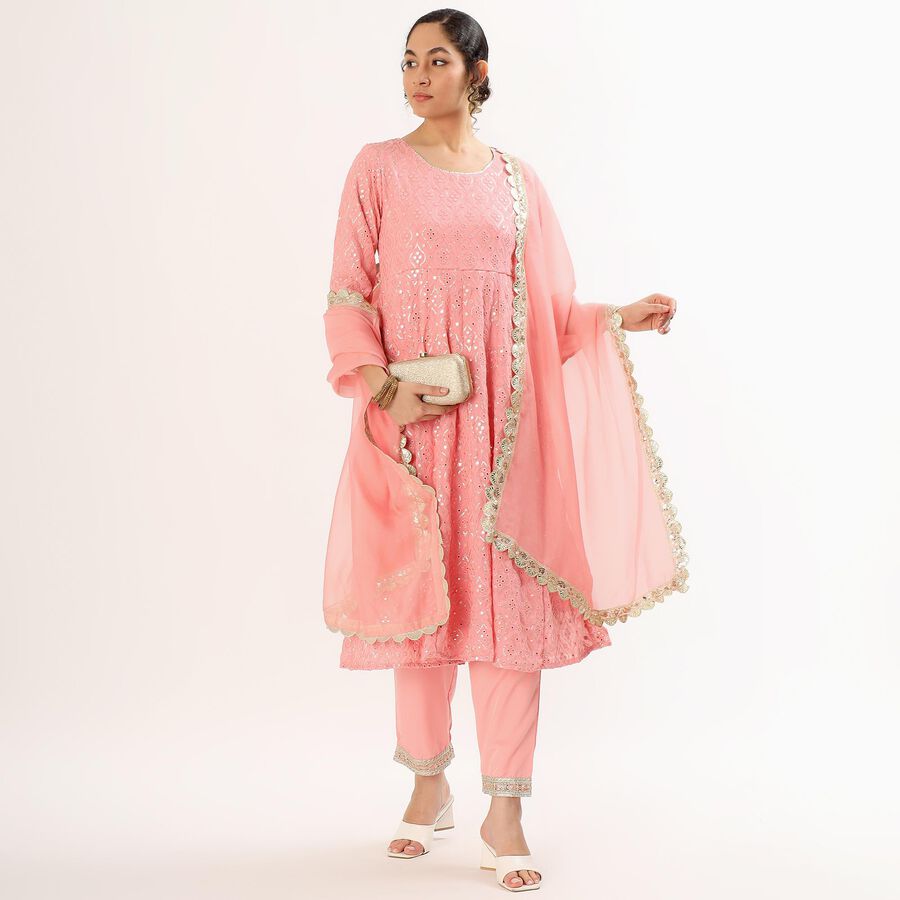 Women's Soft Peach Pink Round Neck Embroidered Anarkali Kurta, Light Pink, large image number null
