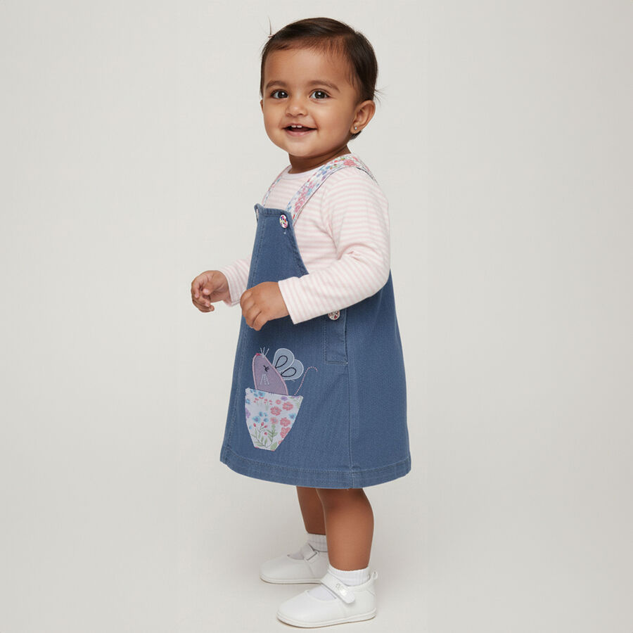 Infants' Muted Denim Blue Floral Strap Casual Frock, हल्का नीला, large image number null