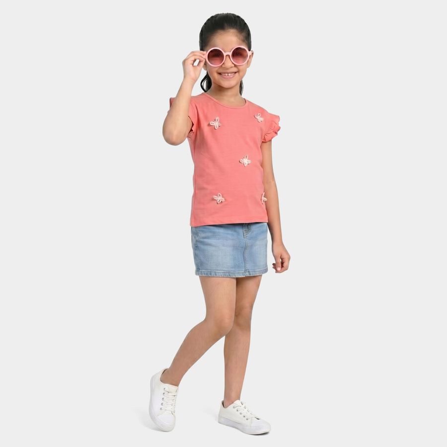 Girls Pink Cotton Round Neck Regular T-Shirt, Pink, large