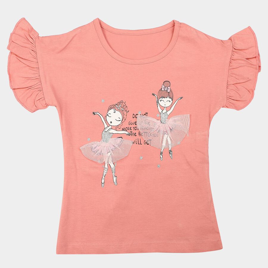 Girls' Light Pink Cotton Round Neck Regular T-Shirt, Light Pink, large