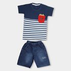 Boys' Navy Cotton Round Neck Striped Baba Suit, Navy Blue, small