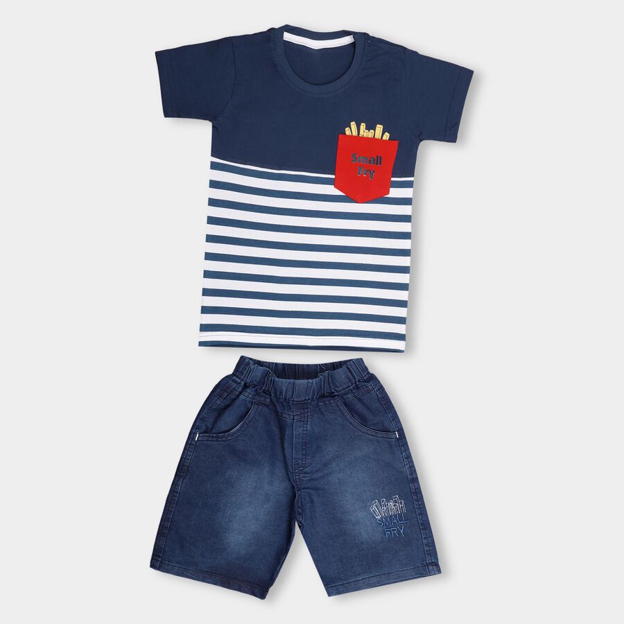 Boys' Navy Cotton Round Neck Striped Baba Suit, Navy Blue, large