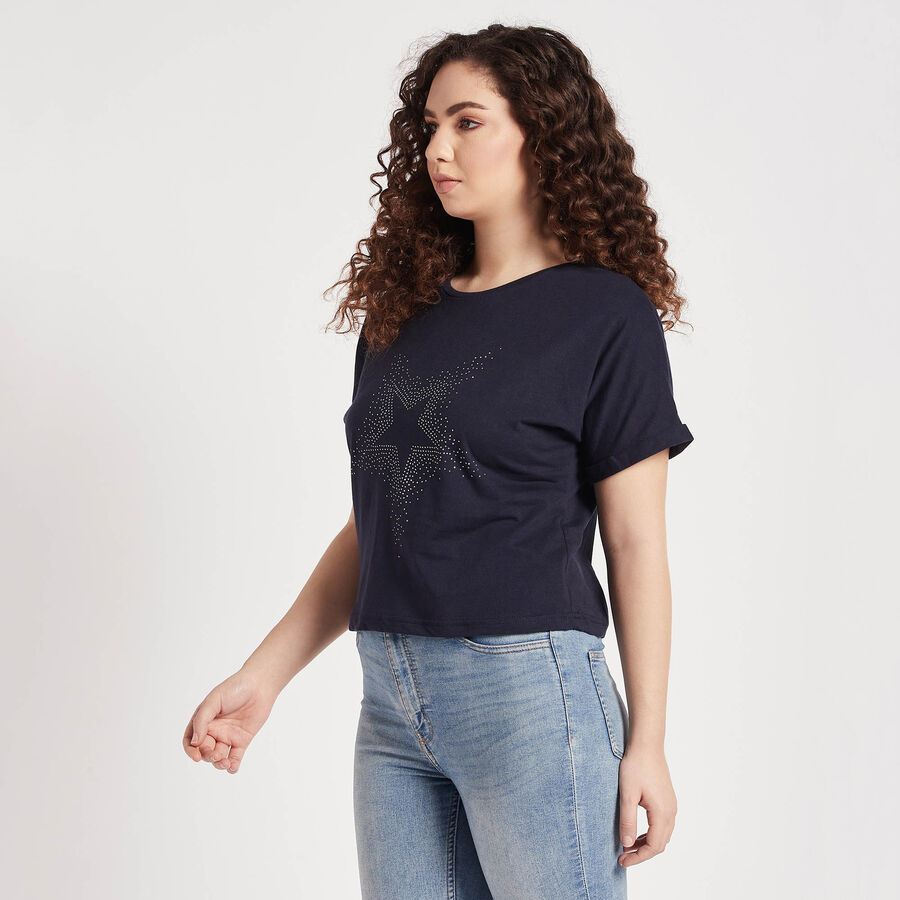 Round Neck T-Shirt, Navy Blue, large image number null
