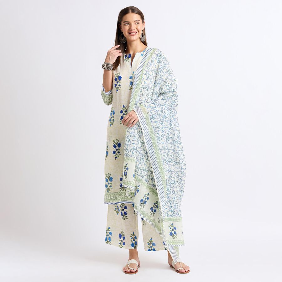 Ladies' 100% Cotton Ethnic Set , Mid Blue, large image number null